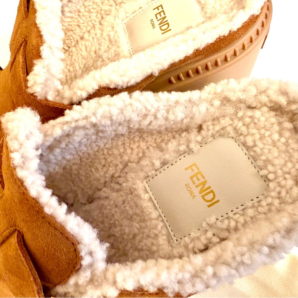 Fendi Tan Suede Shearling-Lined Mules with Gold Buckle - Picture 8 of 10